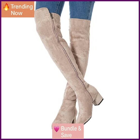 Women's Suede Over Knee Boots Low Block Heel Square Toe Winter Comfort - Picture 7 of 8